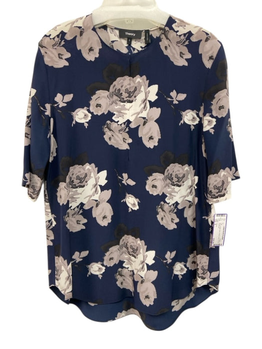 Theory Size S Navy & Multi Silk V Neck Floral 1/2 Arm Top Navy & Multi / S
