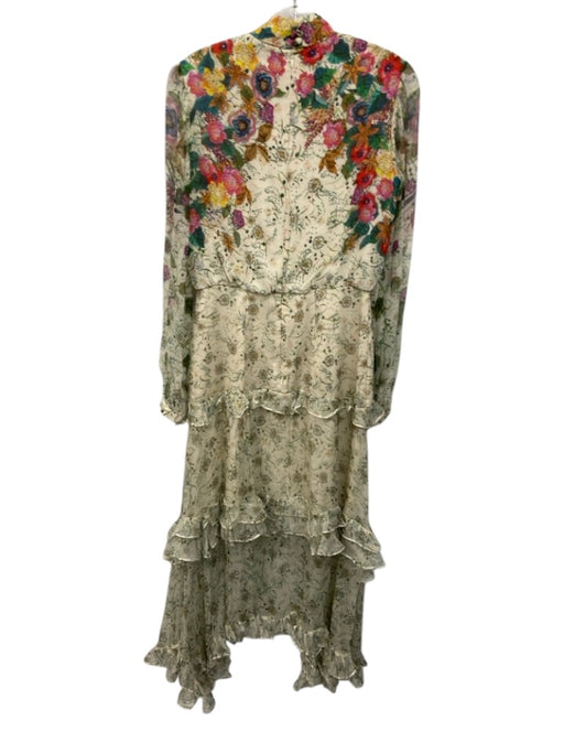 Saloni Size 4 Cream & Multi Silk Zip & Button Long Sleeve Ruffles Mock Neck Top Cream & Multi / 4