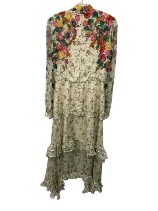 Saloni Size 4 Cream & Multi Silk Zip & Button Long Sleeve Ruffles Mock Neck Top Cream & Multi / 4