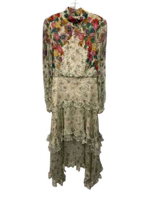 Saloni Size 4 Cream & Multi Silk Zip & Button Long Sleeve Ruffles Mock Neck Top Cream & Multi / 4