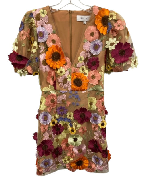 Elliatt Size S Brown & Multi Polyester 3D Florals V Neck Zip Back Mini Dress Brown & Multi / S