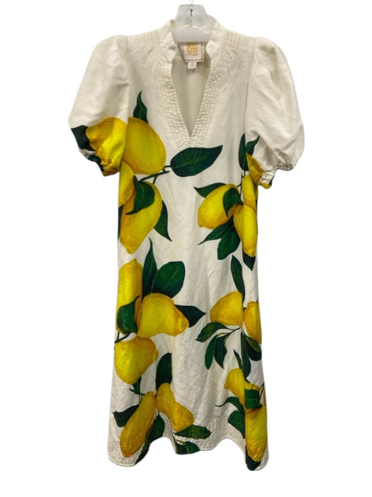Emily McCarthy Size XS White, Yellow & Green Rayon Blend Lemon Puff Sleeve Dress White, Yellow & Green / XS
