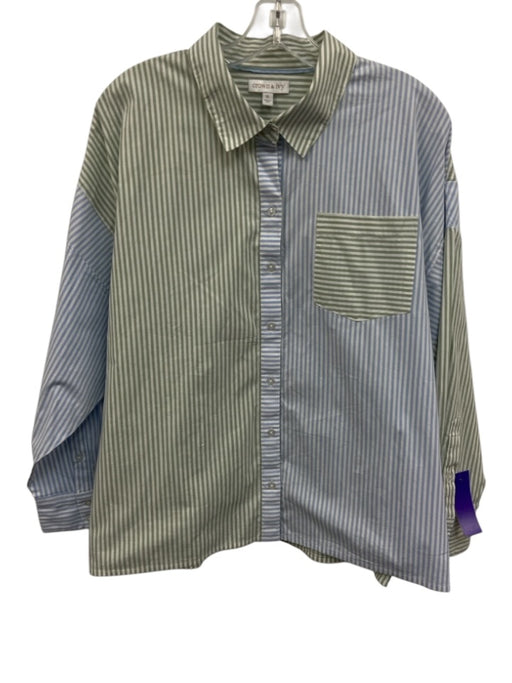 Crown & Ivy Size XL Green, Blue, White Cotton Long Sleeve Stripe Buttons Top Green, Blue, White / XL