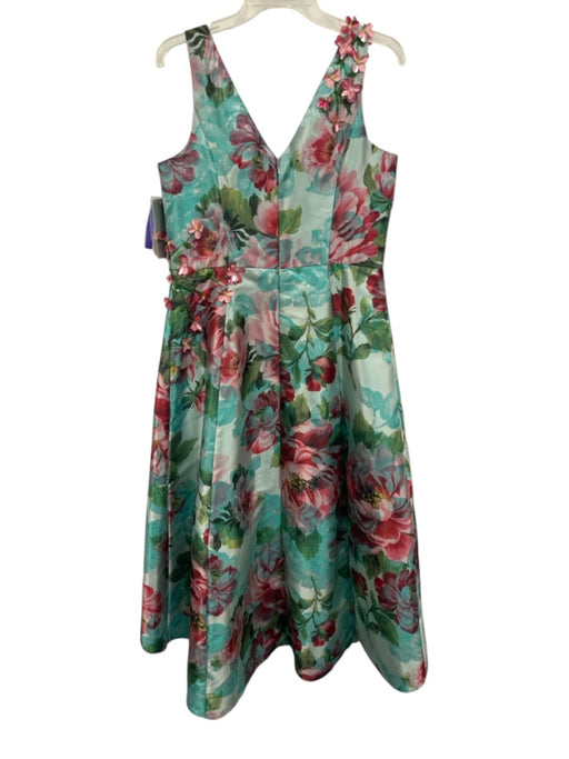Teri Jon Size 12 Aqua Blue, Green, Pink Polyester Floral Beaded & Sequined Gown Aqua Blue, Green, Pink / 12