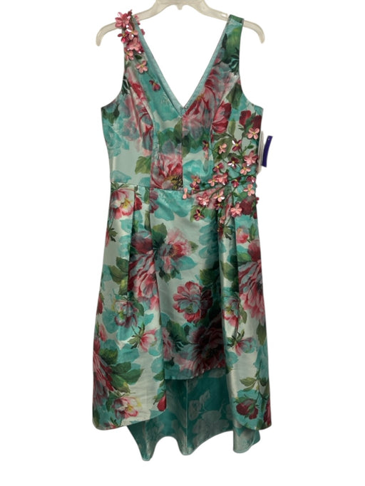 Teri Jon Size 12 Aqua Blue, Green, Pink Polyester Floral Beaded & Sequined Gown Aqua Blue, Green, Pink / 12