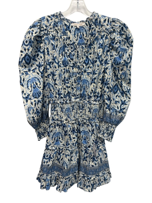 Love The Label Size XS Blue & White Cotton Puff 3/4 Sleeve Abstract Print Dress Blue & White / XS