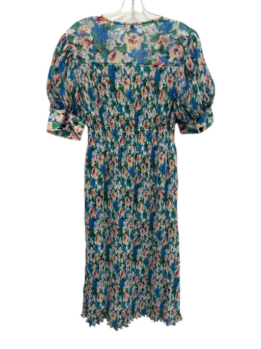 Ganni Size 32 Green, Blue, Multi Polyester Short Puff Sleeve Midi Dress Green, Blue, Multi / 32