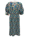 Ganni Size 32 Green, Blue, Multi Polyester Short Puff Sleeve Midi Dress Green, Blue, Multi / 32