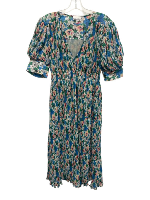 Ganni Size 32 Green, Blue, Multi Polyester Short Puff Sleeve Midi Dress Green, Blue, Multi / 32