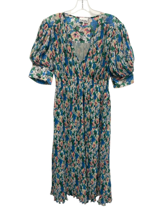 Ganni Size 32 Green, Blue, Multi Polyester Short Puff Sleeve Midi Dress Green, Blue, Multi / 32