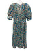 Ganni Size 32 Green, Blue, Multi Polyester Short Puff Sleeve Midi Dress Green, Blue, Multi / 32