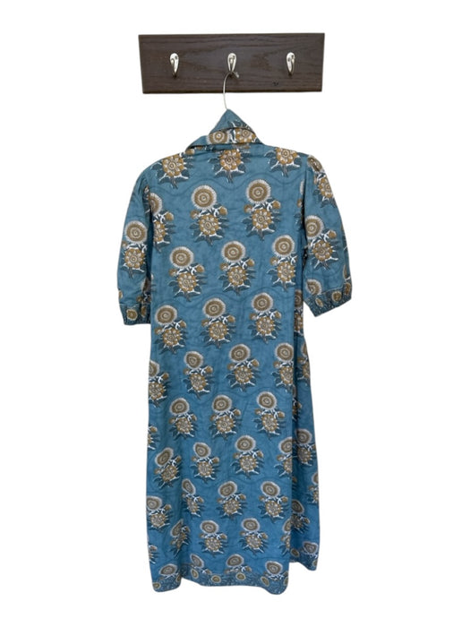 Victoria Dunn Size S Slate Blue & Tan Cotton 3/4 Balloon Sleeve Flowers Dress Slate Blue & Tan / S