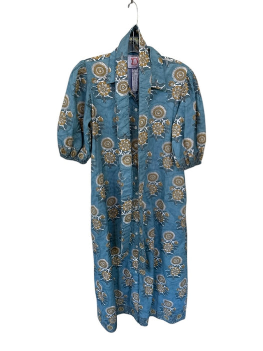 Victoria Dunn Size S Slate Blue & Tan Cotton 3/4 Balloon Sleeve Flowers Dress Slate Blue & Tan / S