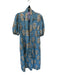 Victoria Dunn Size S Slate Blue & Tan Cotton 3/4 Balloon Sleeve Flowers Dress Slate Blue & Tan / S