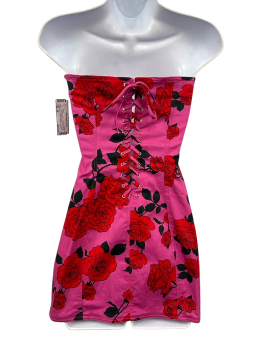 Mirae Size 38 Pink, Red & Black Cotton Blend Floral Lace Up Detail Paneled Dress Pink, Red & Black / 38