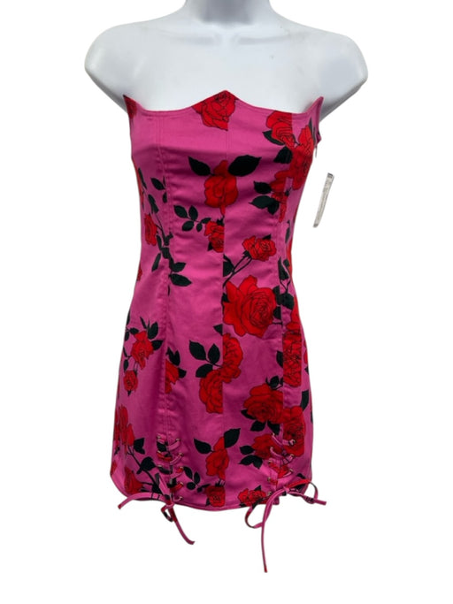 Mirae Size 38 Pink, Red & Black Cotton Blend Floral Lace Up Detail Paneled Dress Pink, Red & Black / 38