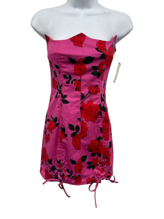 Mirae Size 38 Pink, Red & Black Cotton Blend Floral Lace Up Detail Paneled Dress Pink, Red & Black / 38