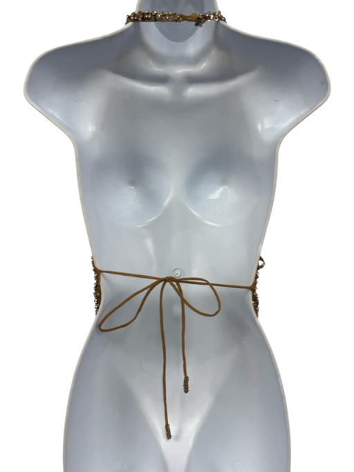 Retrofete Size S Beige & Clear Nylon Rhinestone Halter Open Back Cowl Neck Top Beige & Clear / S