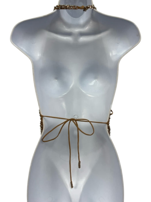 Retrofete Size S Beige & Clear Nylon Rhinestone Halter Open Back Cowl Neck Top Beige & Clear / S