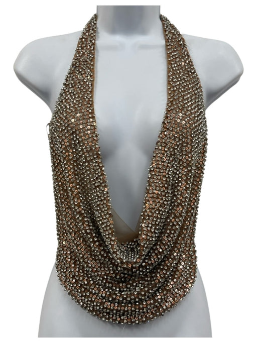 Retrofete Size S Beige & Clear Nylon Rhinestone Halter Open Back Cowl Neck Top Beige & Clear / S