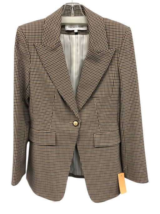Veronica Beard Size 4 Cream, Brown & Black Wool Blend Houndstooth Blazer Jacket Cream, Brown & Black / 4