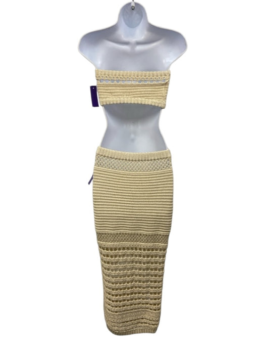 Retrofete Size S Cream Beige Cotton Blend Strapless Metallic Thread Skirt Set Cream Beige / S