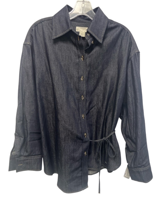 COS Size 4 Dark Wash Cotton Blend Long Sleeve Button Front Side Tie Collar Top Dark Wash / 4