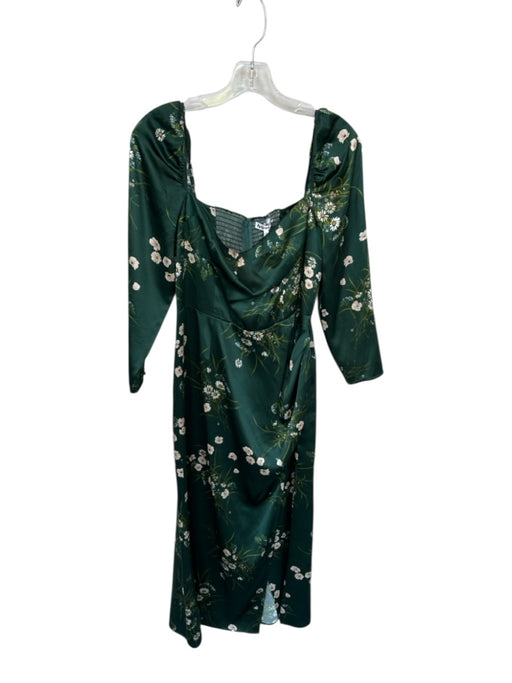 Reformation Size 8 Dark Green & Pink Silk Long Sleeve Floral slit Dress Dark Green & Pink / 8