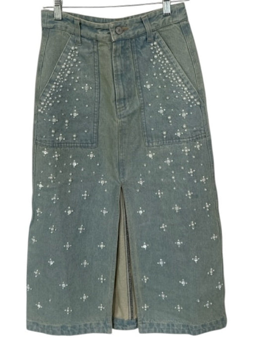 Sea New York Size 2 Light Wash Denim Cotton Midi Slit Pearl detail Pockets Skirt Light Wash Denim / 2