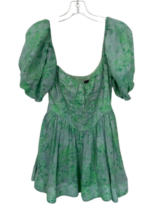 Bardot Size 4 Blue & Green Ramie & Cotton Floral Puff Sleeve corset Dress Blue & Green / 4