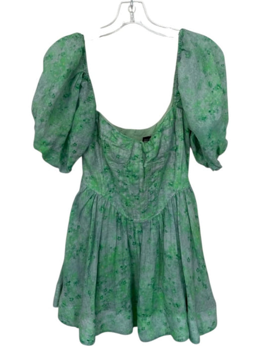 Bardot Size 4 Blue & Green Ramie & Cotton Floral Puff Sleeve corset Dress Blue & Green / 4