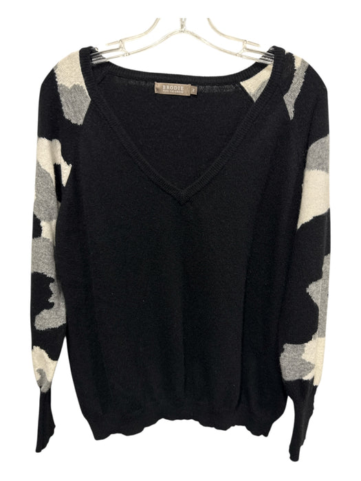 Brodie Size M Black, White, Gray Cashmere Abstract V Neck Sweater Black, White, Gray / M