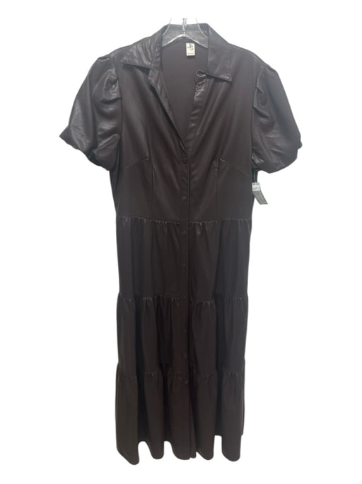 JS 71 Size M Chocolate Brown PU Leather Button Down Collar Maxi Dress Chocolate Brown / M