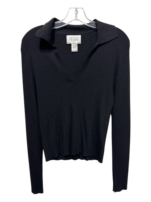 Fifteen Twenty Size M Black Viscose Blend Ribbed Knit Collared Long Sleeve Top Black / M