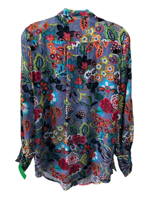 Johnny Was Size M Blue & Multi Rayon Blend Long Sleeve Sheer Floral Velvet Top Blue & Multi / M