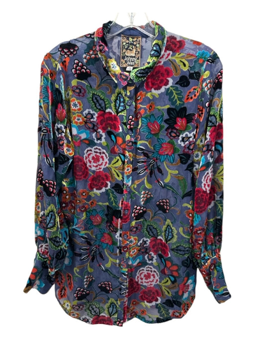 Johnny Was Size M Blue & Multi Rayon Blend Long Sleeve Sheer Floral Velvet Top Blue & Multi / M