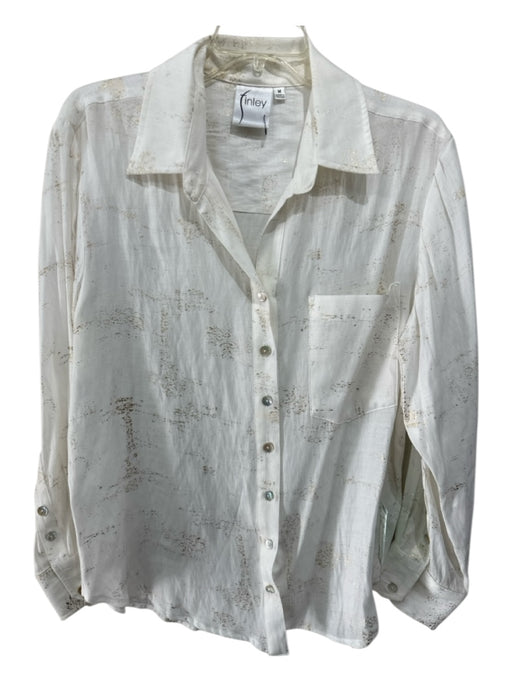 Finley Size M White & Gold Viscose & Polyester Long Sleeve Button Up Collar Top White & Gold / M