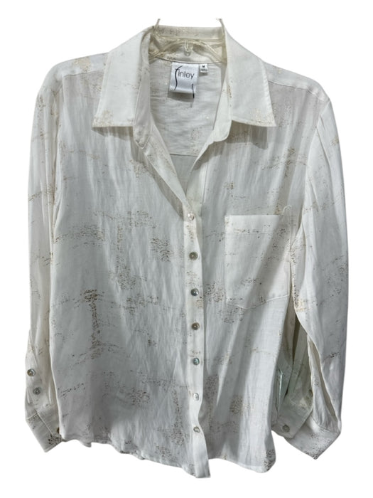 Finley Size M White & Gold Viscose & Polyester Long Sleeve Button Up Collar Top White & Gold / M