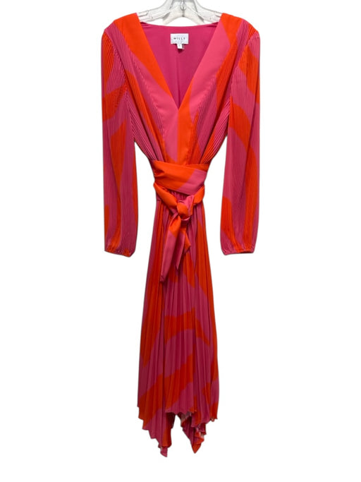 Milly Size 8 Pink & Orange Polyester Long puff sleeve Abstract Print Midi Dress Pink & Orange / 8