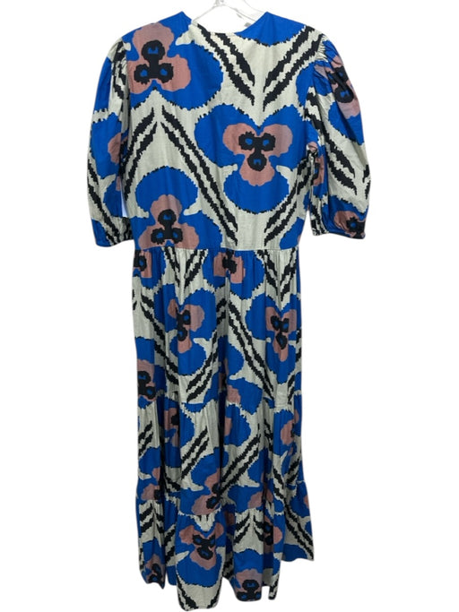 Oliphant Size M Blue, Gray, & multi Cotton Short Puff Sleeve Split V neck Dress Blue, Gray, & multi / M