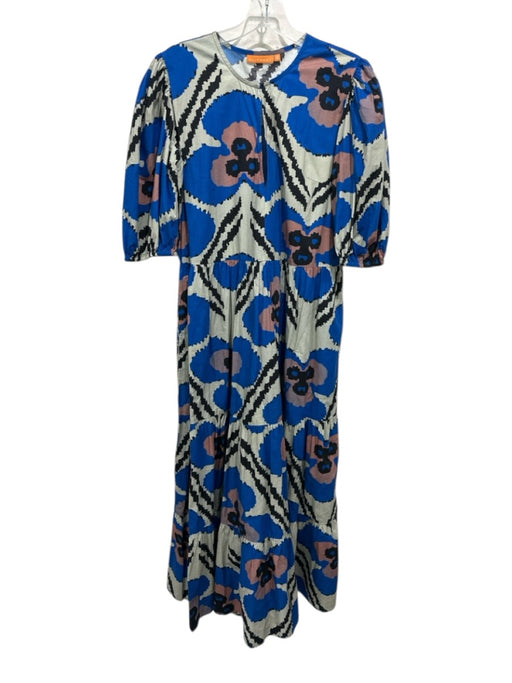 Oliphant Size M Blue, Gray, & multi Cotton Short Puff Sleeve Split V neck Dress Blue, Gray, & multi / M