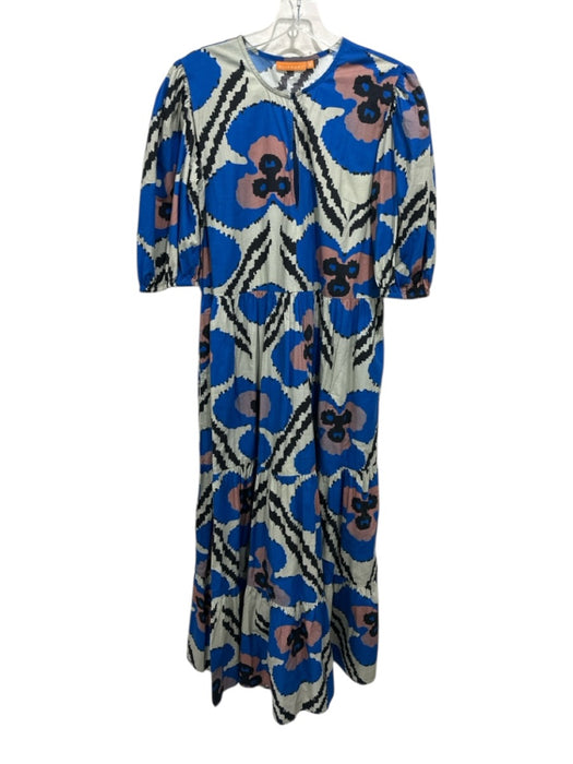 Oliphant Size M Blue, Gray, & multi Cotton Short Puff Sleeve Split V neck Dress Blue, Gray, & multi / M