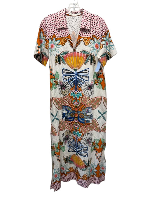 Marie Oliver Size S White, Pink, Multi Silk, Cotton & Linen Short Sleeve Dress White, Pink, Multi / S