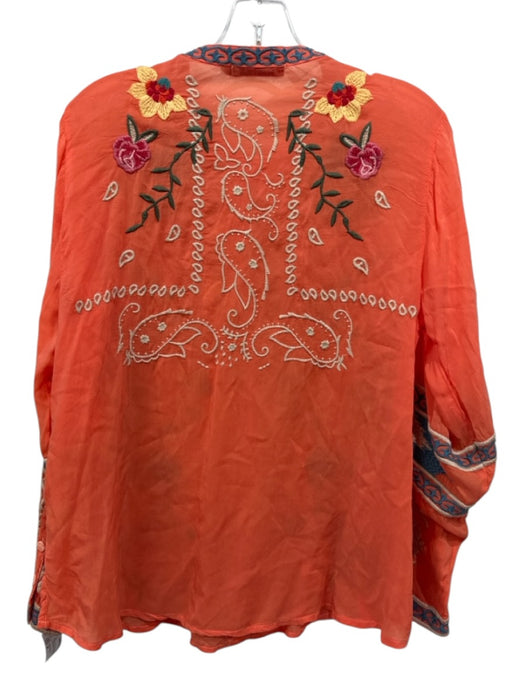 Johnny Was Size M Orange, Green, Multi Cupra Rayon Long Sleeve Split V neck Top Orange, Green, Multi / M