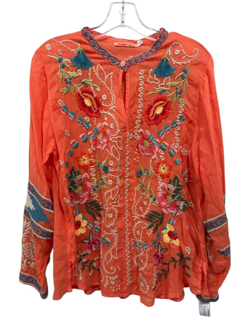 Johnny Was Size M Orange, Green, Multi Cupra Rayon Long Sleeve Split V neck Top Orange, Green, Multi / M