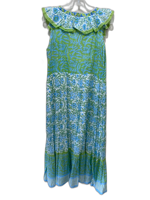 Bella Tu Size M Blue, Green & White Cotton Ruffle Cap Sleeve Floral V Neck Dress Blue, Green & White / M