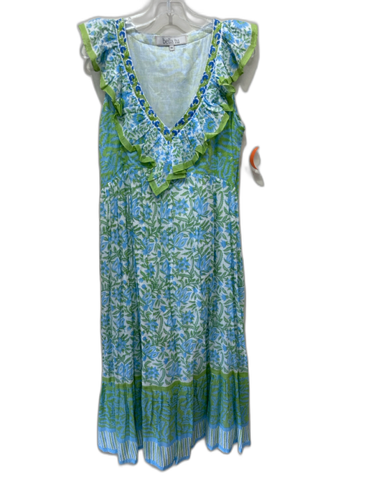 Bella Tu Size M Blue, Green & White Cotton Ruffle Cap Sleeve Floral V Neck Dress Blue, Green & White / M