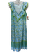 Bella Tu Size M Blue, Green & White Cotton Ruffle Cap Sleeve Floral V Neck Dress Blue, Green & White / M