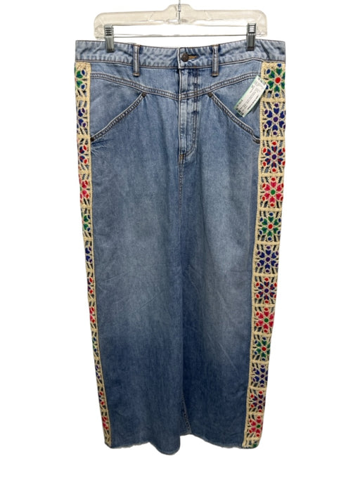 Johnny Was Size 29 Medium Wash & Multi Cotton Denim Embroidered Zip Fly Skirt Medium Wash & Multi / 29