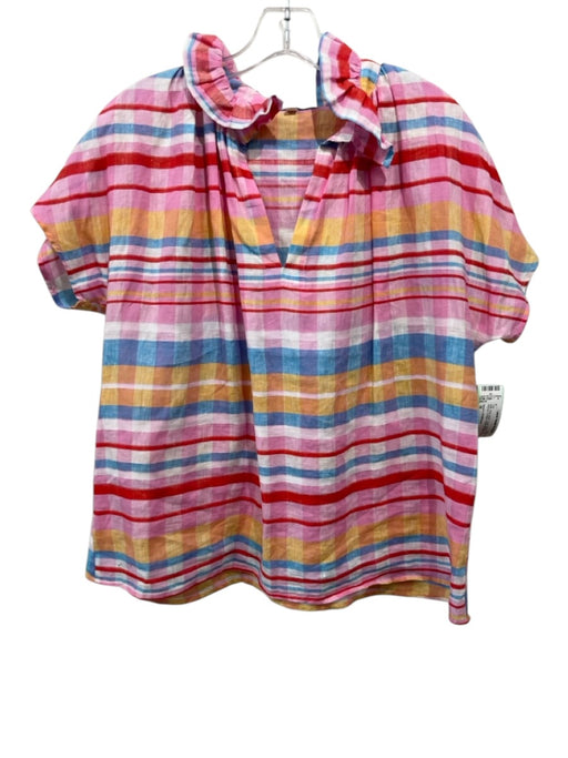 Never a Wallflower Size M Pink, Red, Multi Linen Striped Cap Sleeve V Neck Top Pink, Red, Multi / M